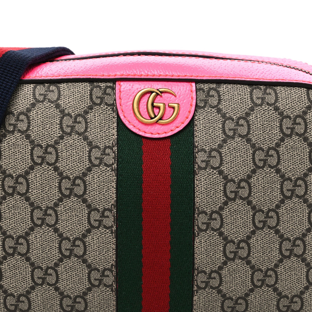 GG Supreme Monogram Textured Dollar Calfskin Web Ophidia Small Crossbody Bag Beige Ebony Fuchsia