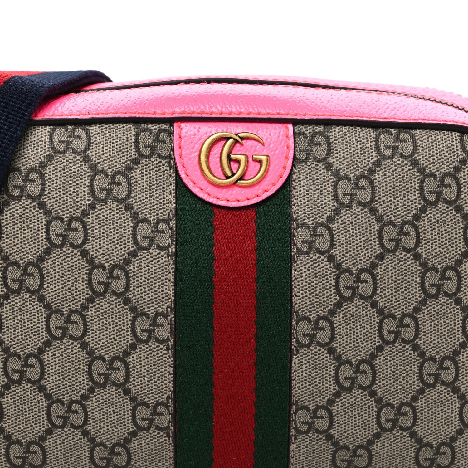 GG Supreme Monogram Textured Dollar Calfskin Web Ophidia Small Crossbody Bag Beige Ebony Fuchsia