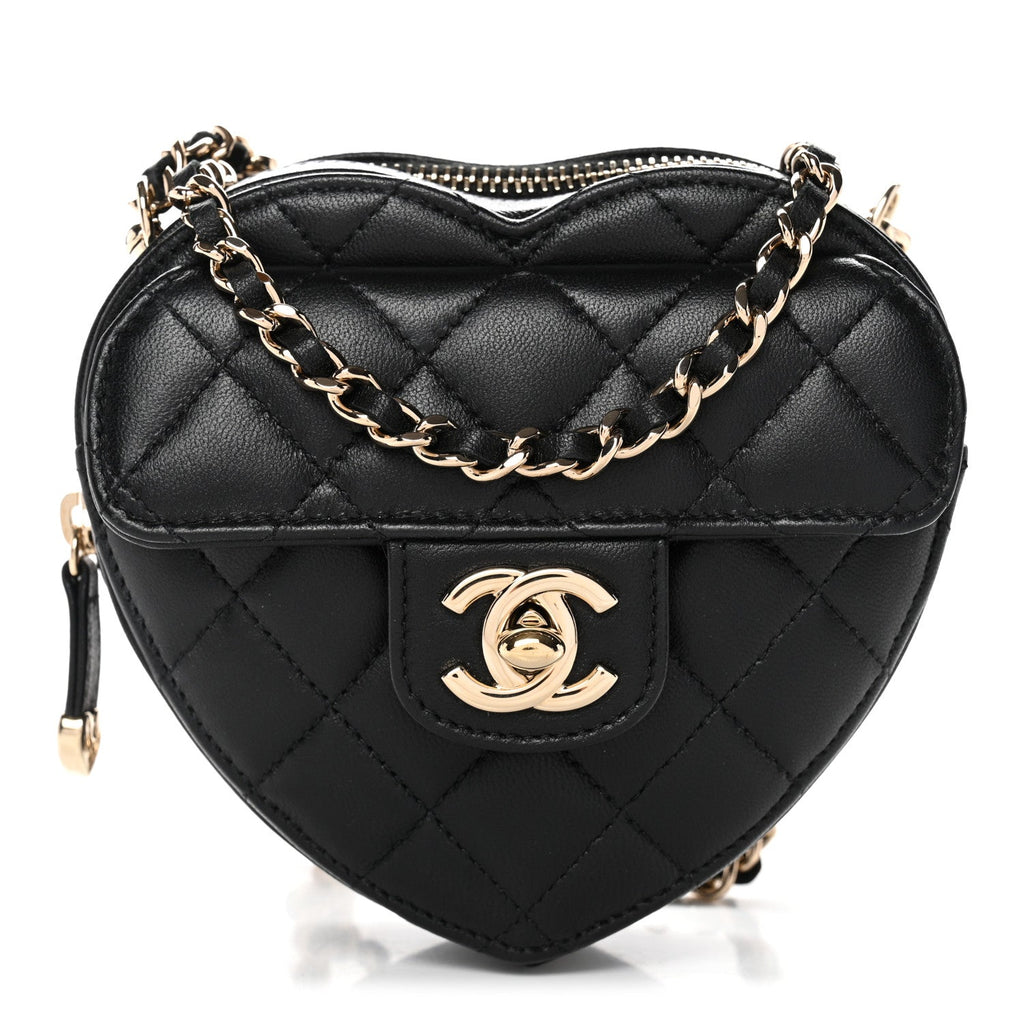 Lambskin Quilted CC In Love Heart Clutch With Chain Black