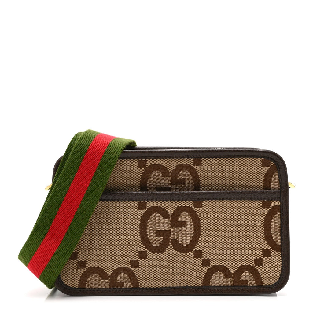 Monogram Jumbo GG Textured Dollar Calfskin Web Mini Crossbody Bag Camel Ebony New Acero