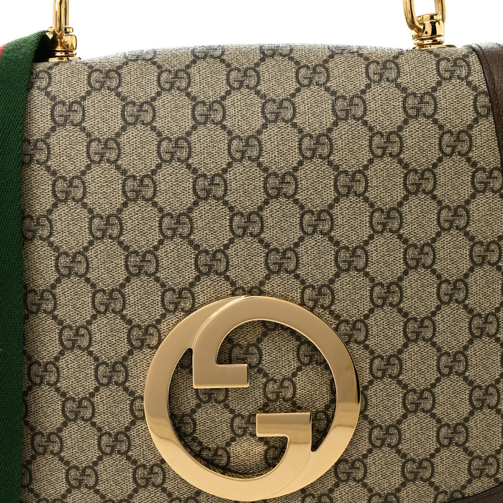 GG Supreme Monogram Textured Dollar Calfskin Web Medium Blondie Top Handle Shoulder Flap Bag Beige Ebony New Acero