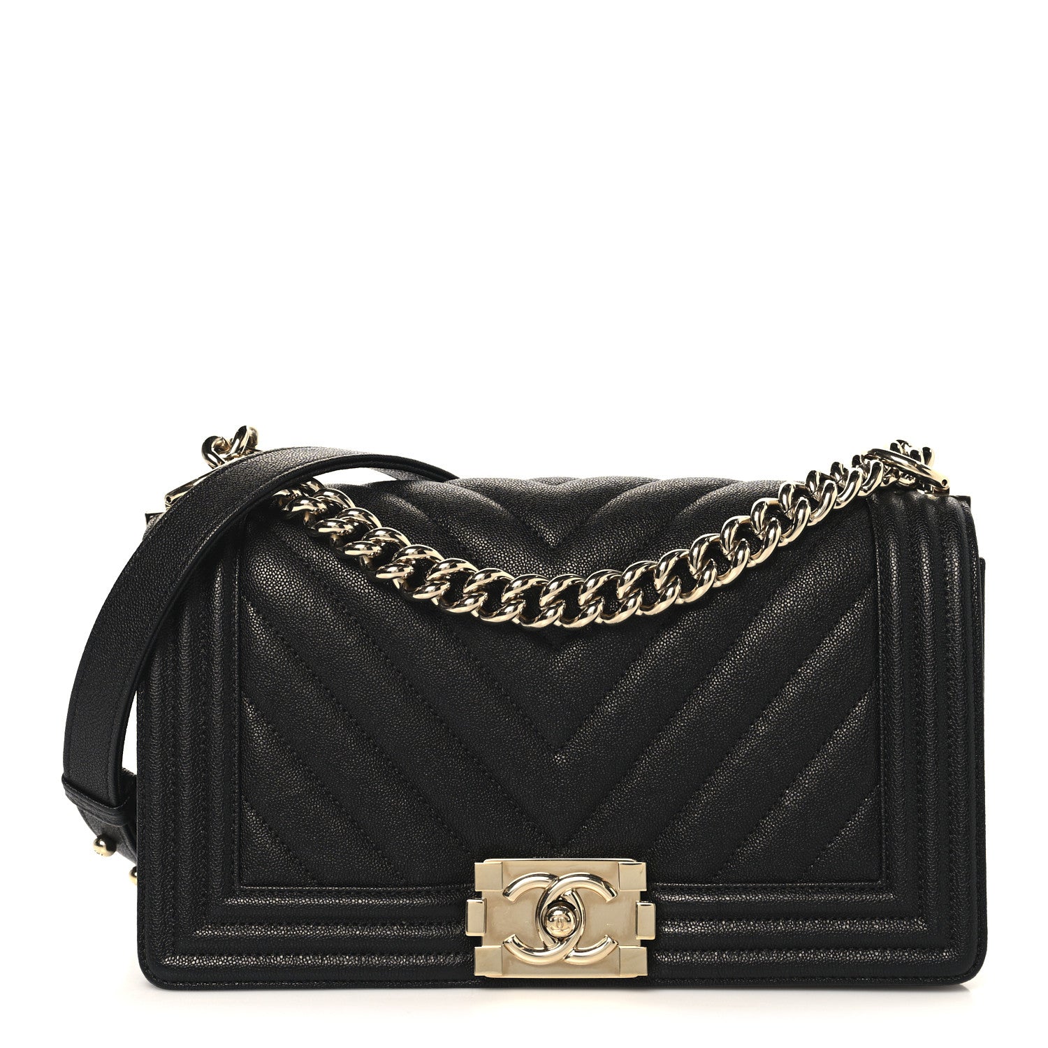 Caviar Chevron Quilted Medium Boy Flap Black
