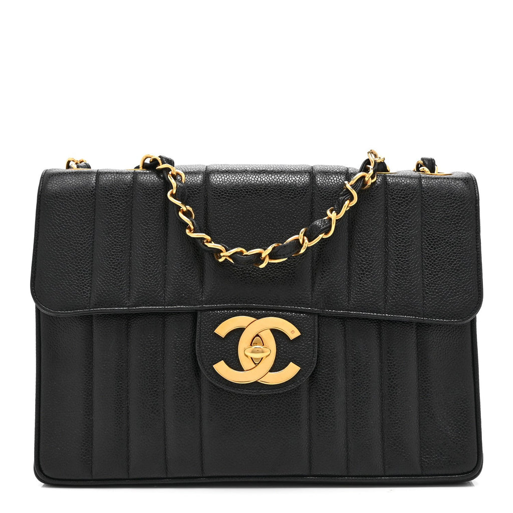 Caviar Vertical Quilted Jumbo Single Flap Black