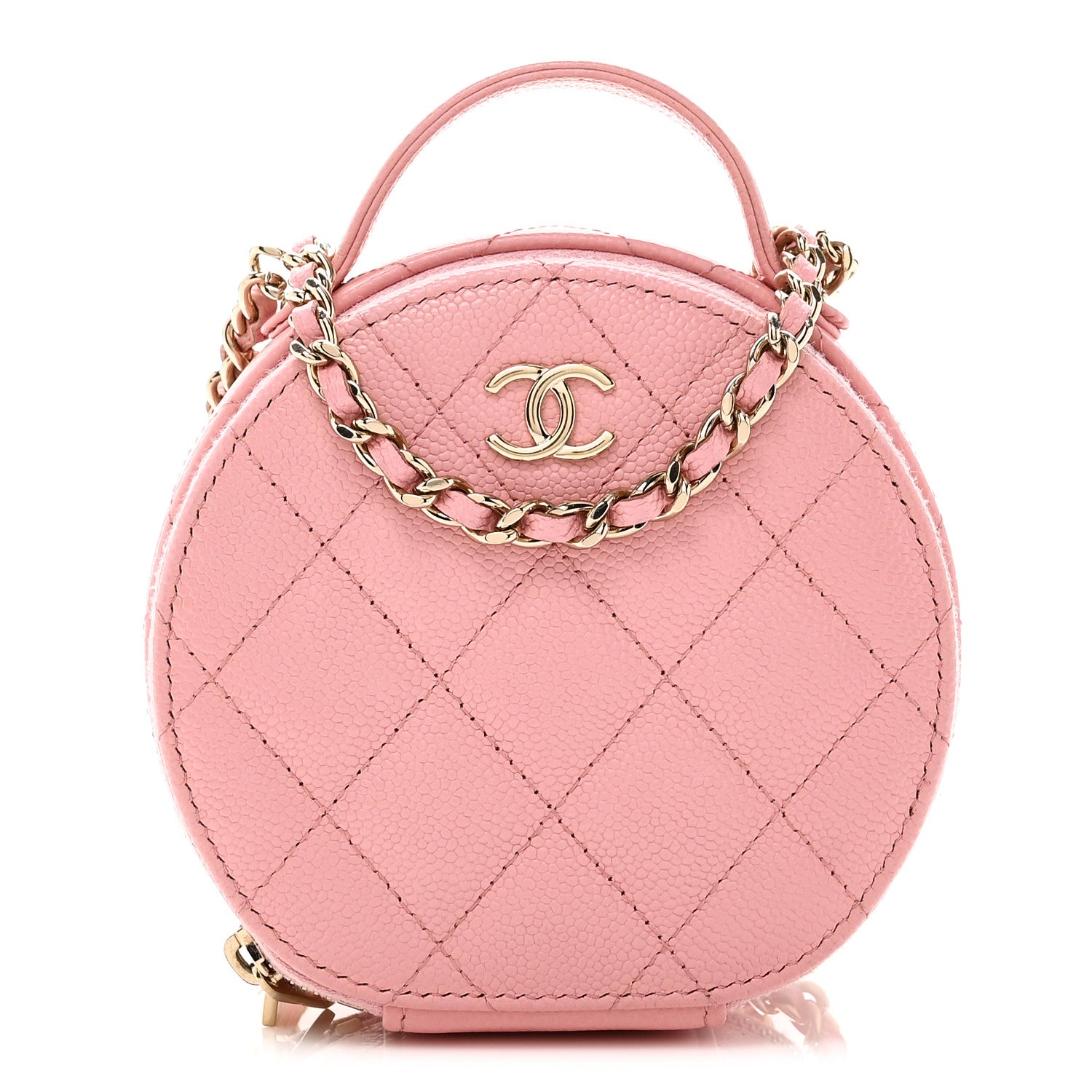 Caviar Quilted Round Handle With Care Vanity With Chain Pink