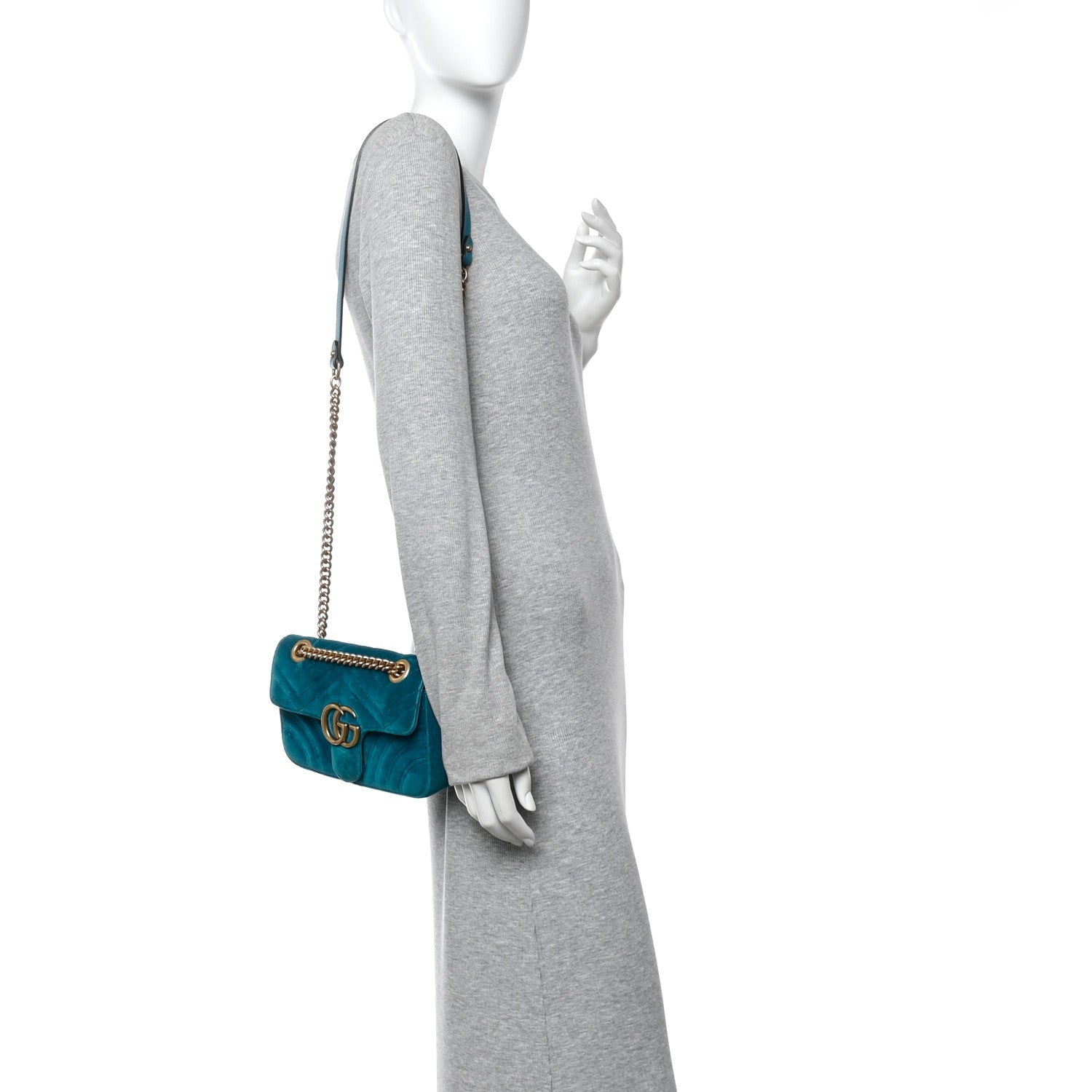 Velvet Matelasse Mini GG Marmont Shoulder Bag Pavone Cyan
