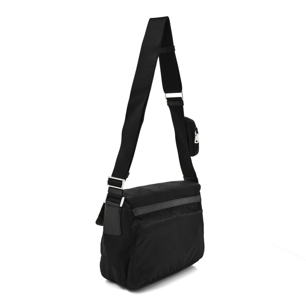Re-Nylon Vela Saffiano Pocket Double Buckle Messenger Shoulder Bag Black