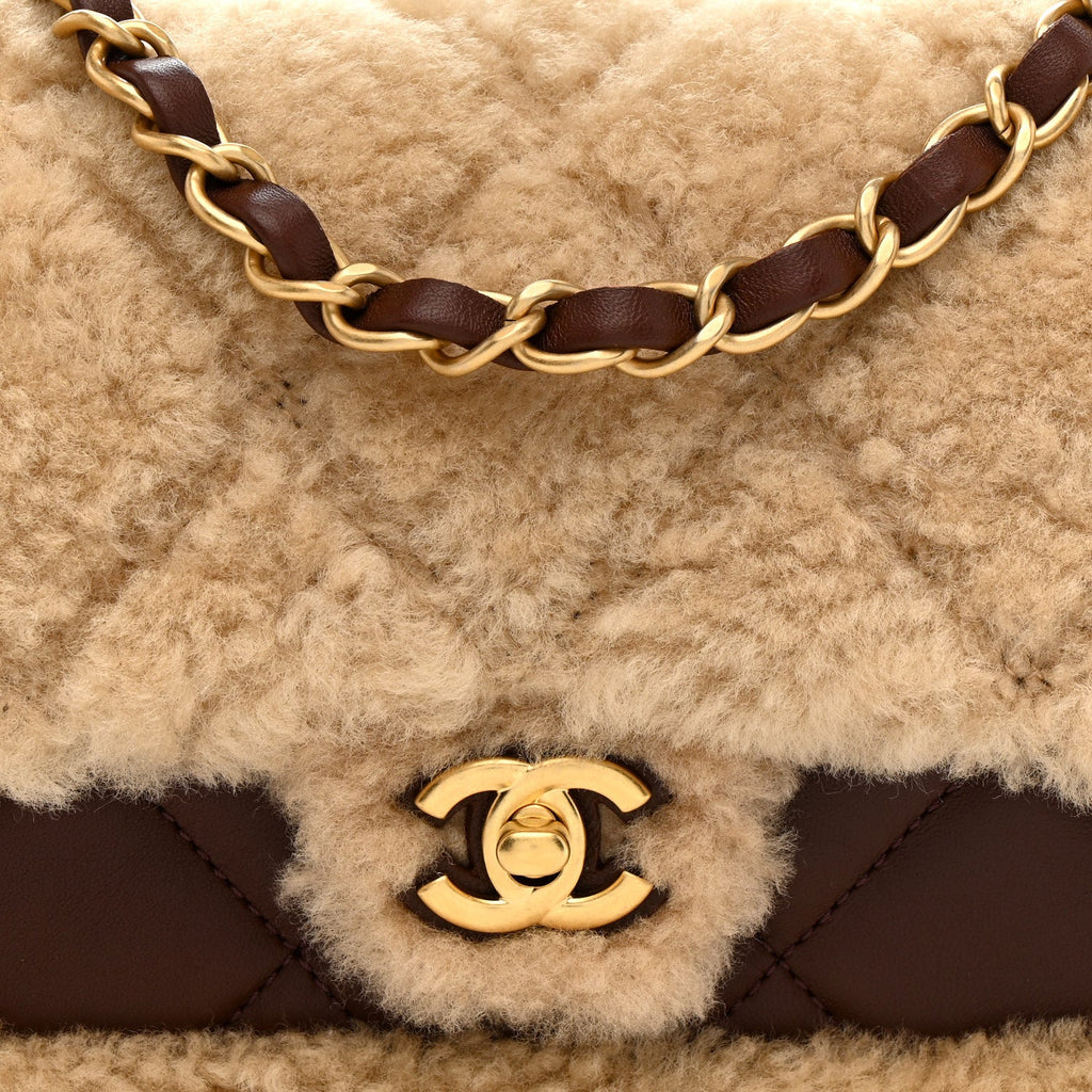 Shearling Lambskin Quilted Mini Furry Coco Flap Beige Dark Brown