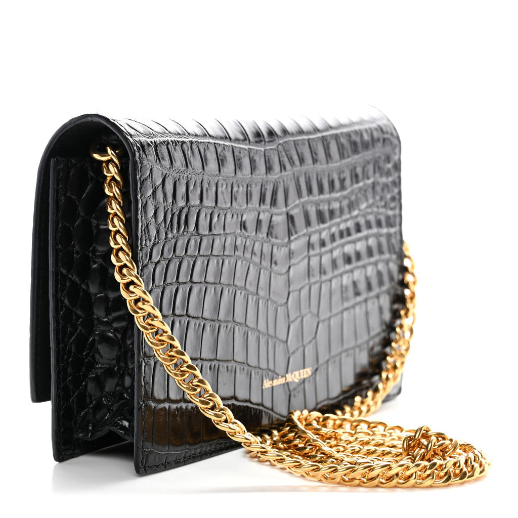 Calfskin Crocodile Embossed Skull Mini Crossbody Bag Black