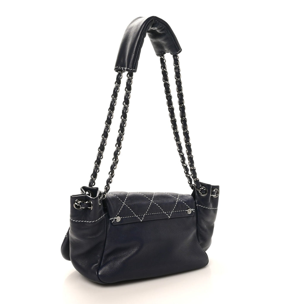 Lambskin Contrast Stitch Small Surpique Accordion Flap Navy