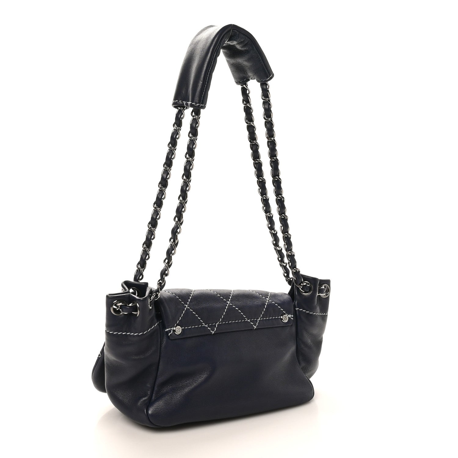 Lambskin Contrast Stitch Small Surpique Accordion Flap Navy