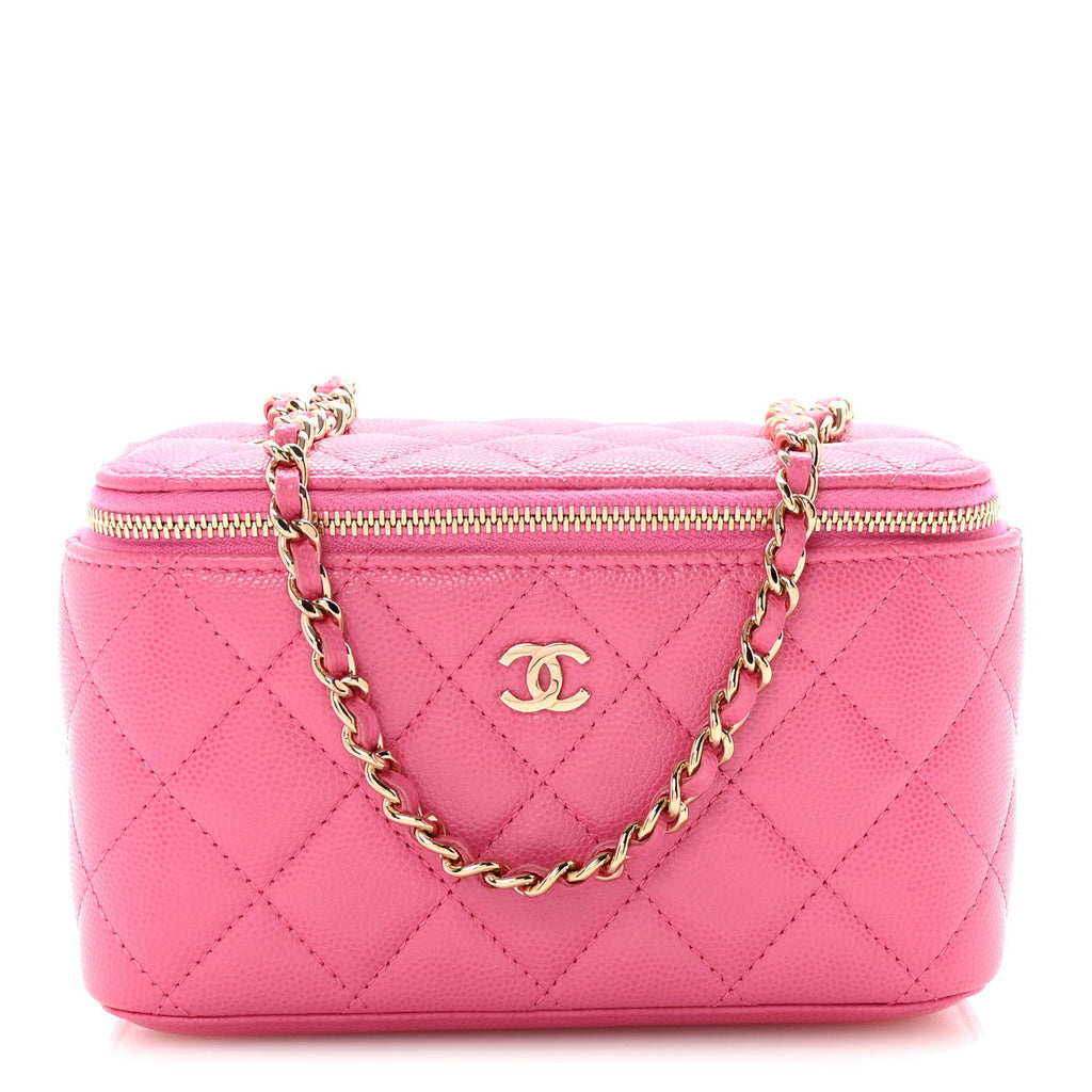 Caviar Quilted Small Vanity Case With Chain Pink