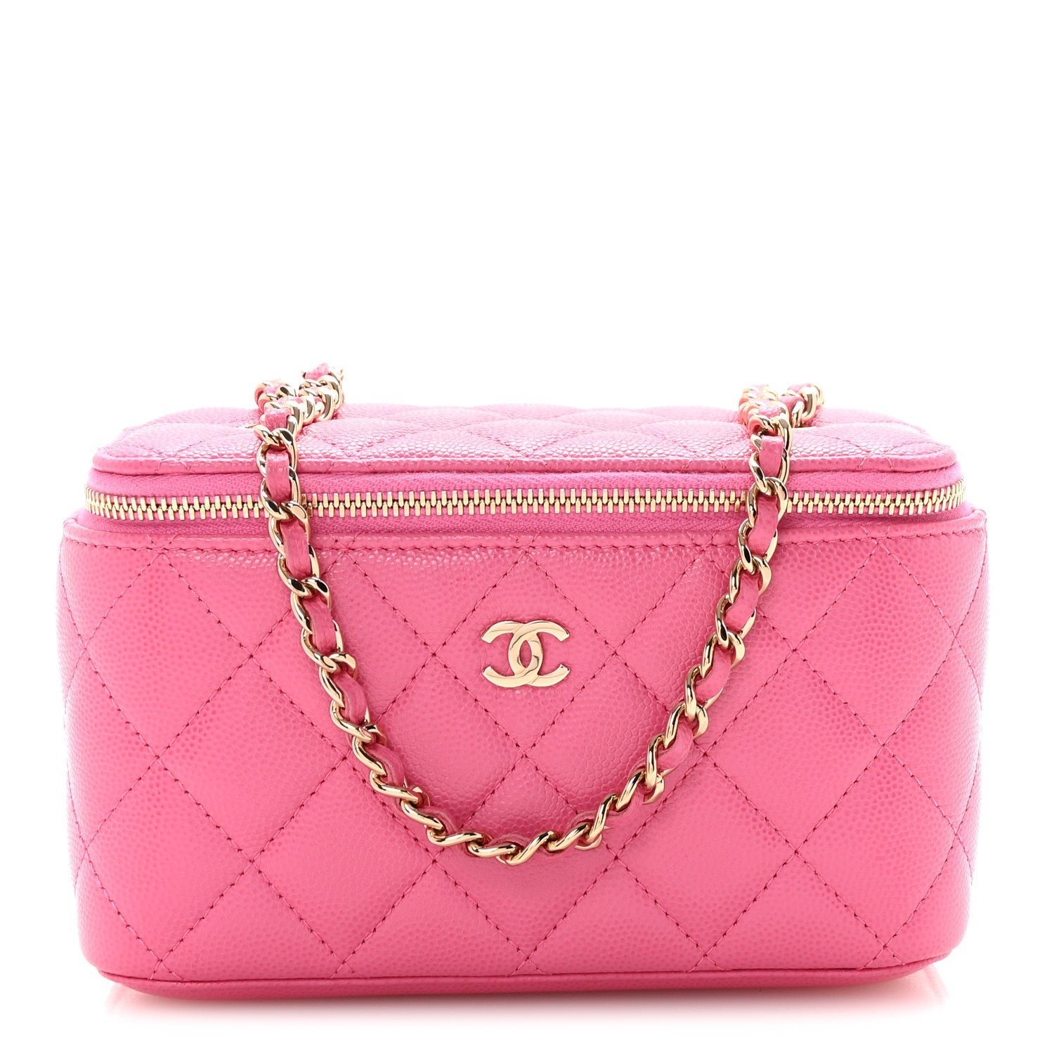 Caviar Quilted Small Vanity Case With Chain Pink