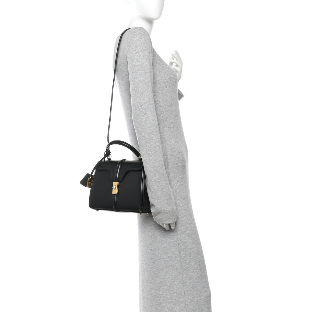 Satinated Calfskin Small 16 Top Handle Bag Black