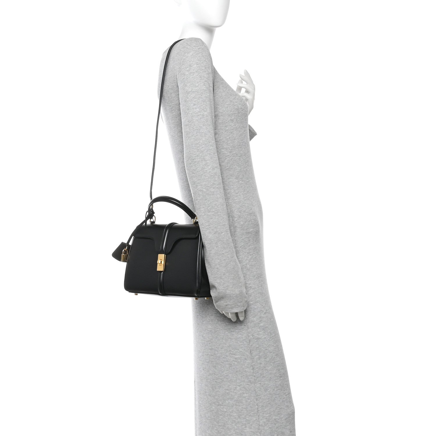 Satinated Calfskin Small 16 Top Handle Bag Black