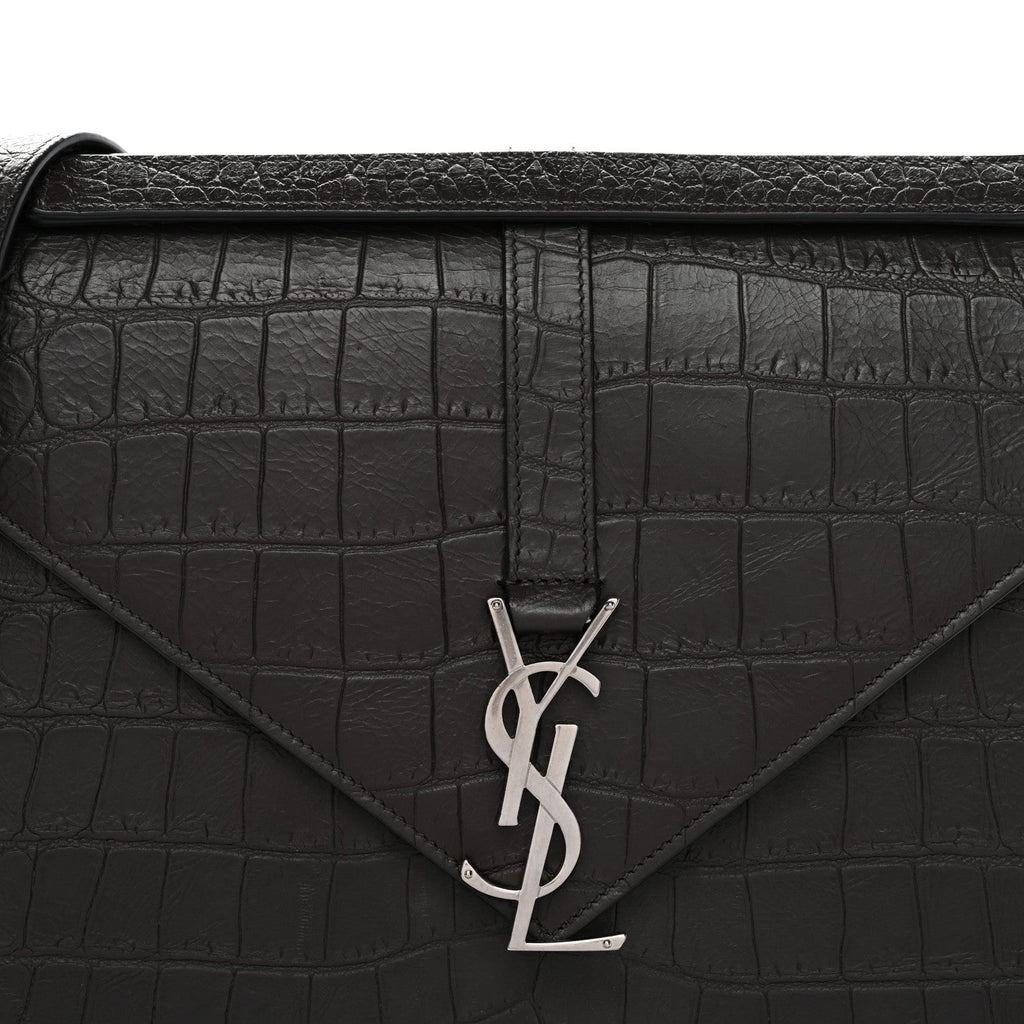 Calfskin Crocodile Embossed Large Monogram Satchel Dark Brown