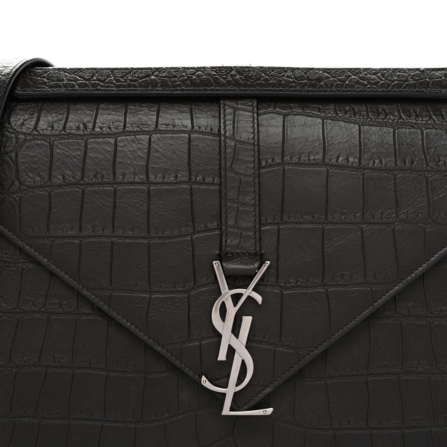 Calfskin Crocodile Embossed Large Monogram Satchel Dark Brown