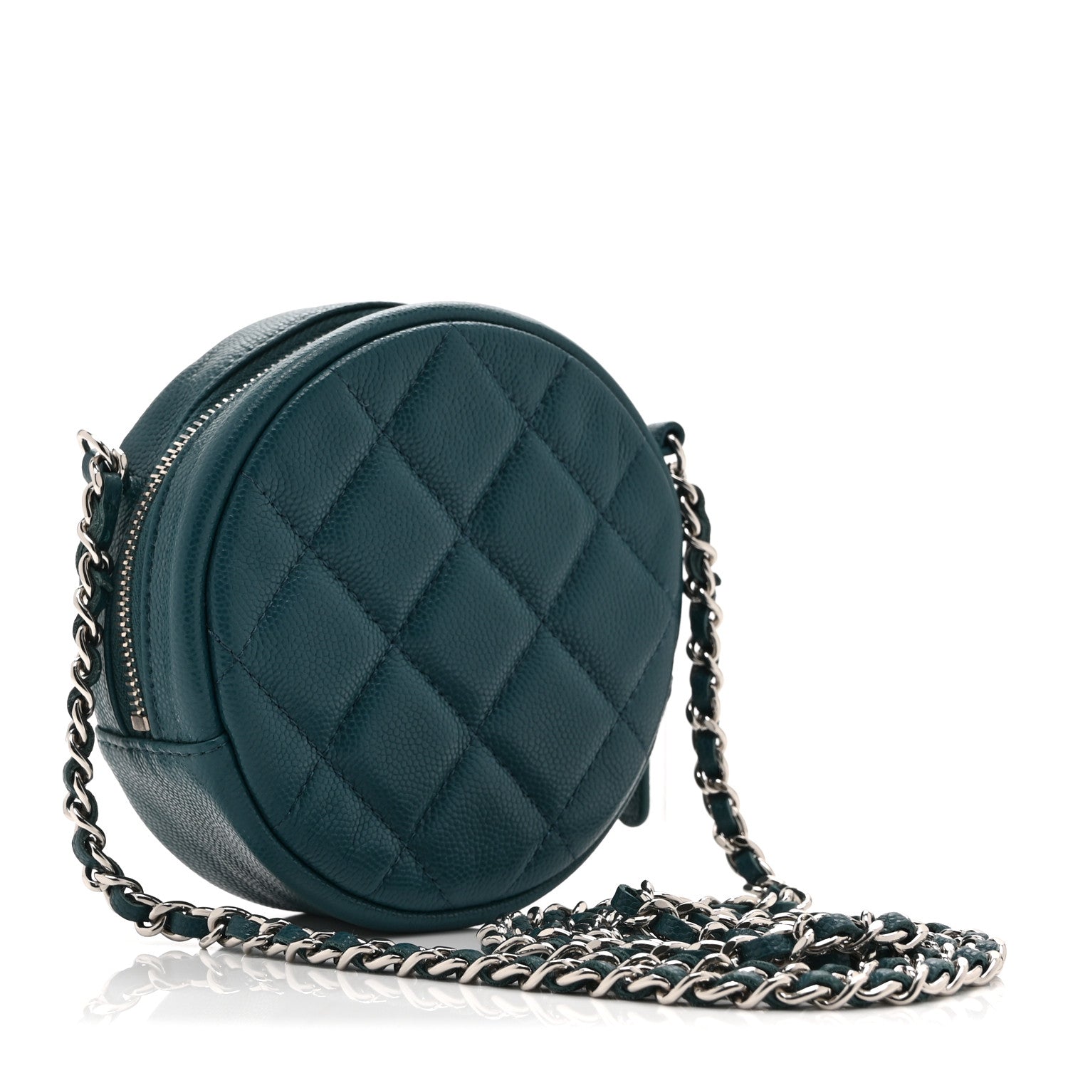 Caviar Quilted Round Clutch With Chain Green