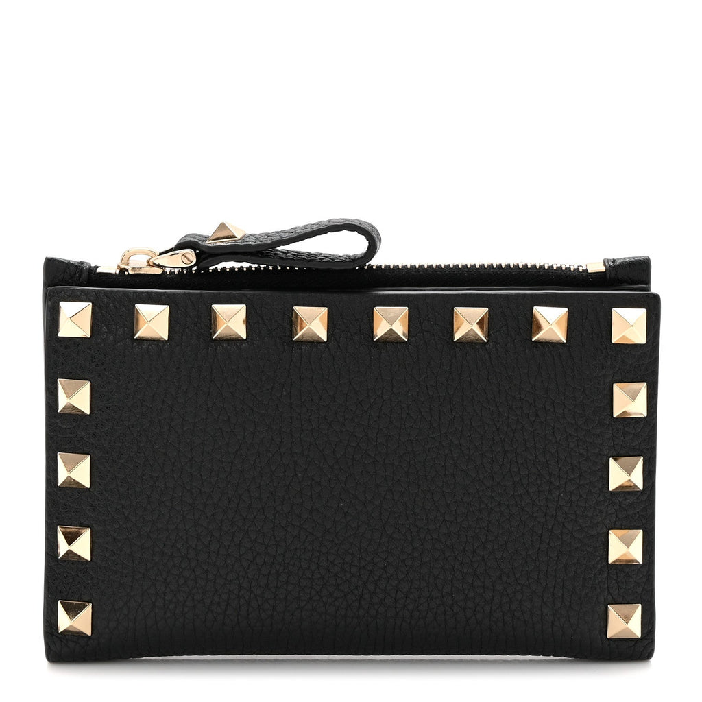 Pebbled Calfskin Rockstud Coin Case  Holder Black