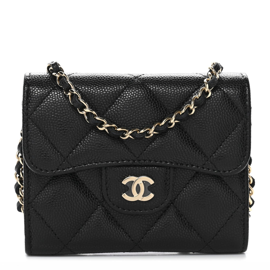 Caviar Quilted Flap  Holder On Chain Black