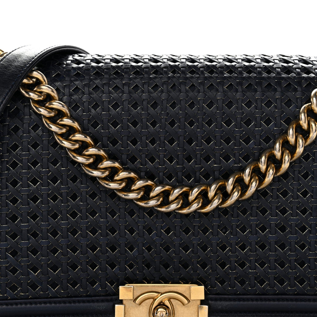 Lambskin Braided Woven Medium Boy Flap Navy Black