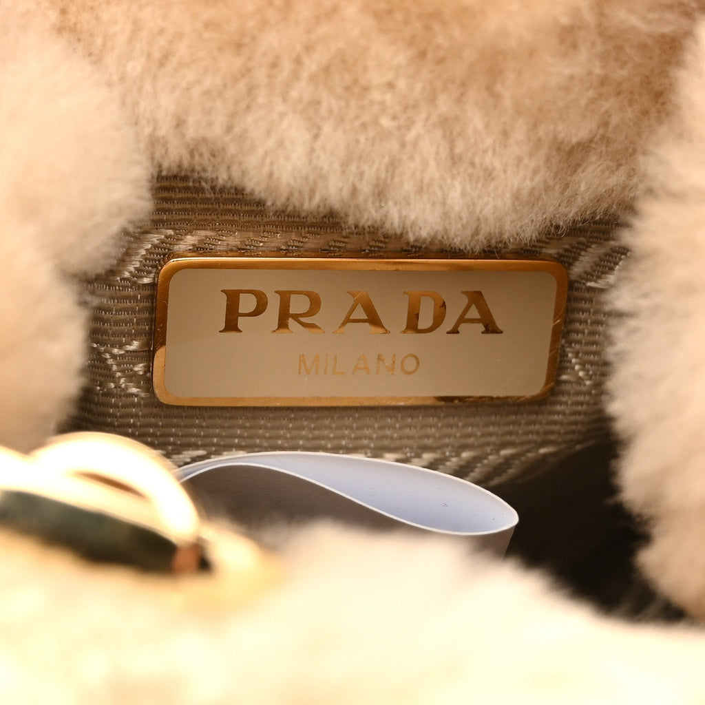 Shearling Metal Triangle Logo Mini Drawcord Pouch Shoulder Bag Ecru
