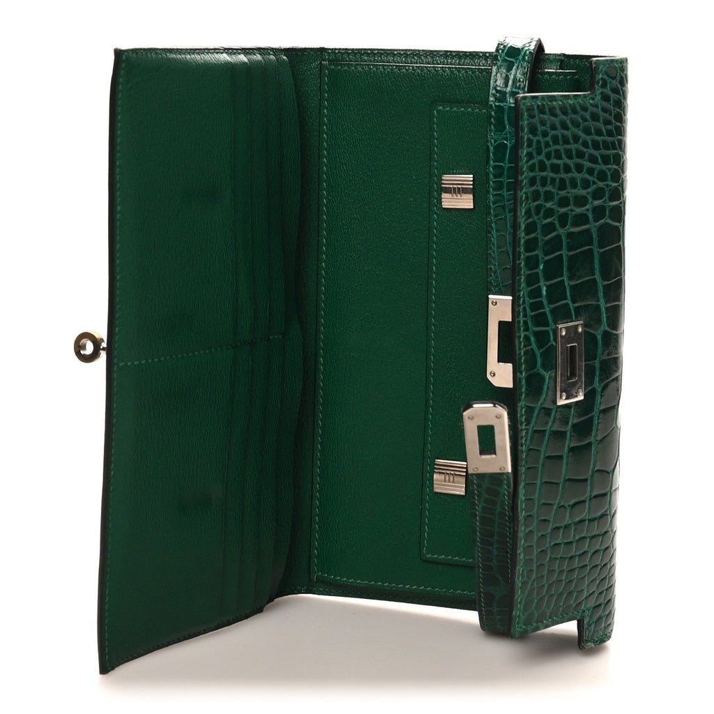 Shiny Alligator Kelly Tri-Fold Longue Wallet Vert Emeraude