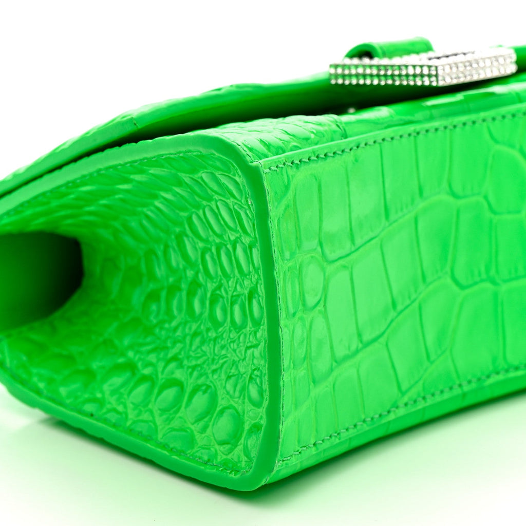 Shiny Calfskin Strass Crocodile Embossed Hourglass Top Handle Bag XS Fluo Green