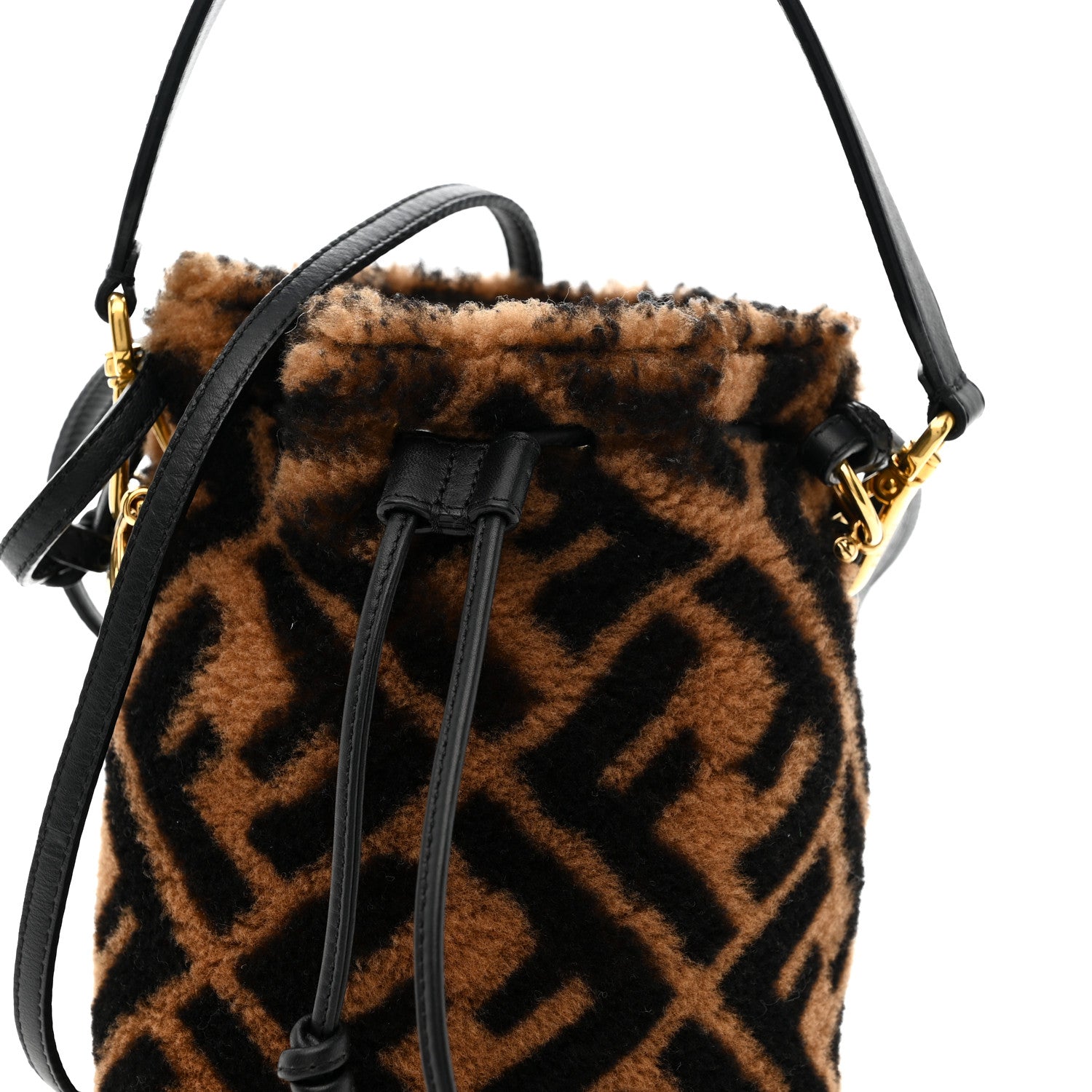 Shearling Vitello Dolce F is Fendi Macro FF 1974 Mini Mon Tresor Bucket Bag Tobacco Black