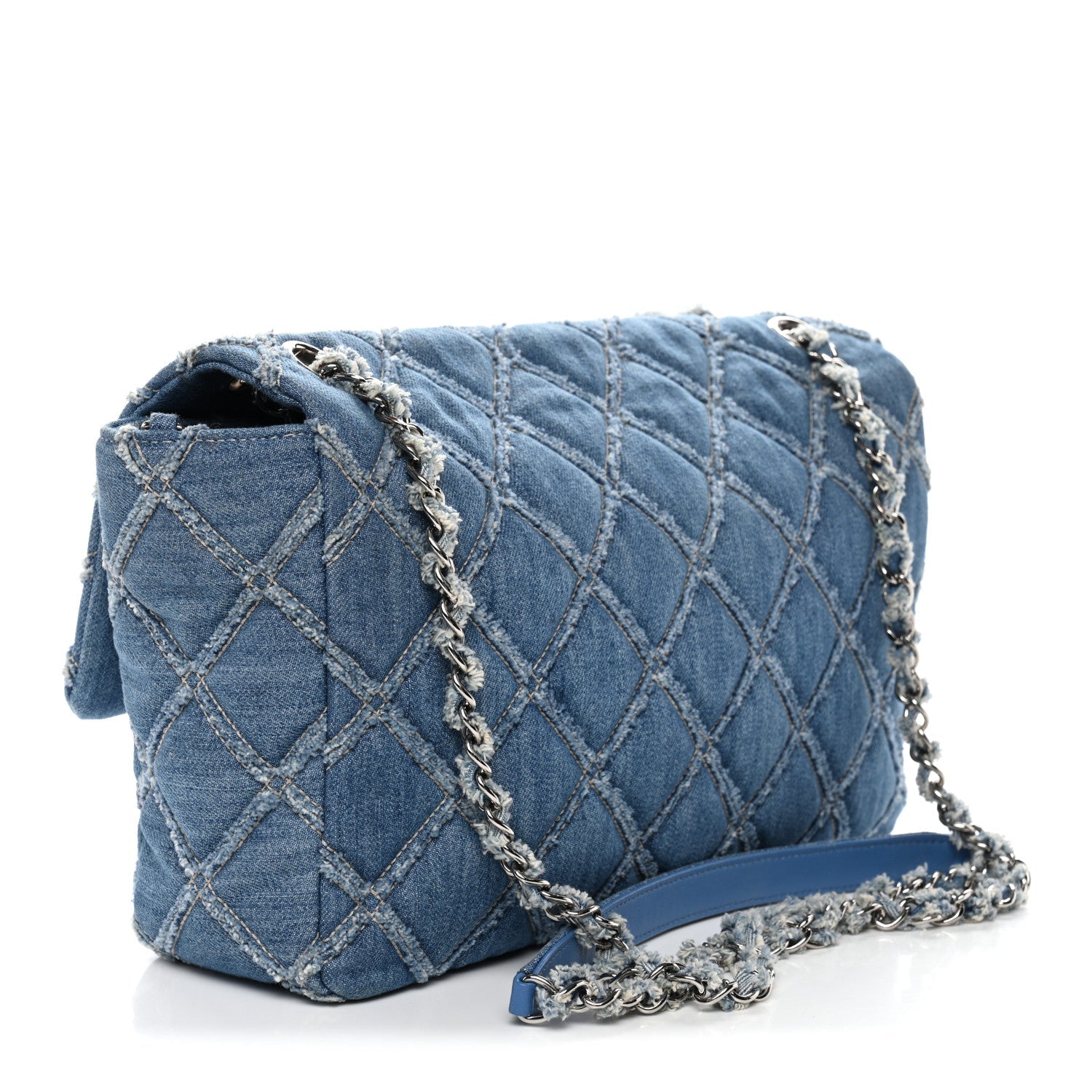 Frayed Denim Quilted Large Blue Chip Flap Blue