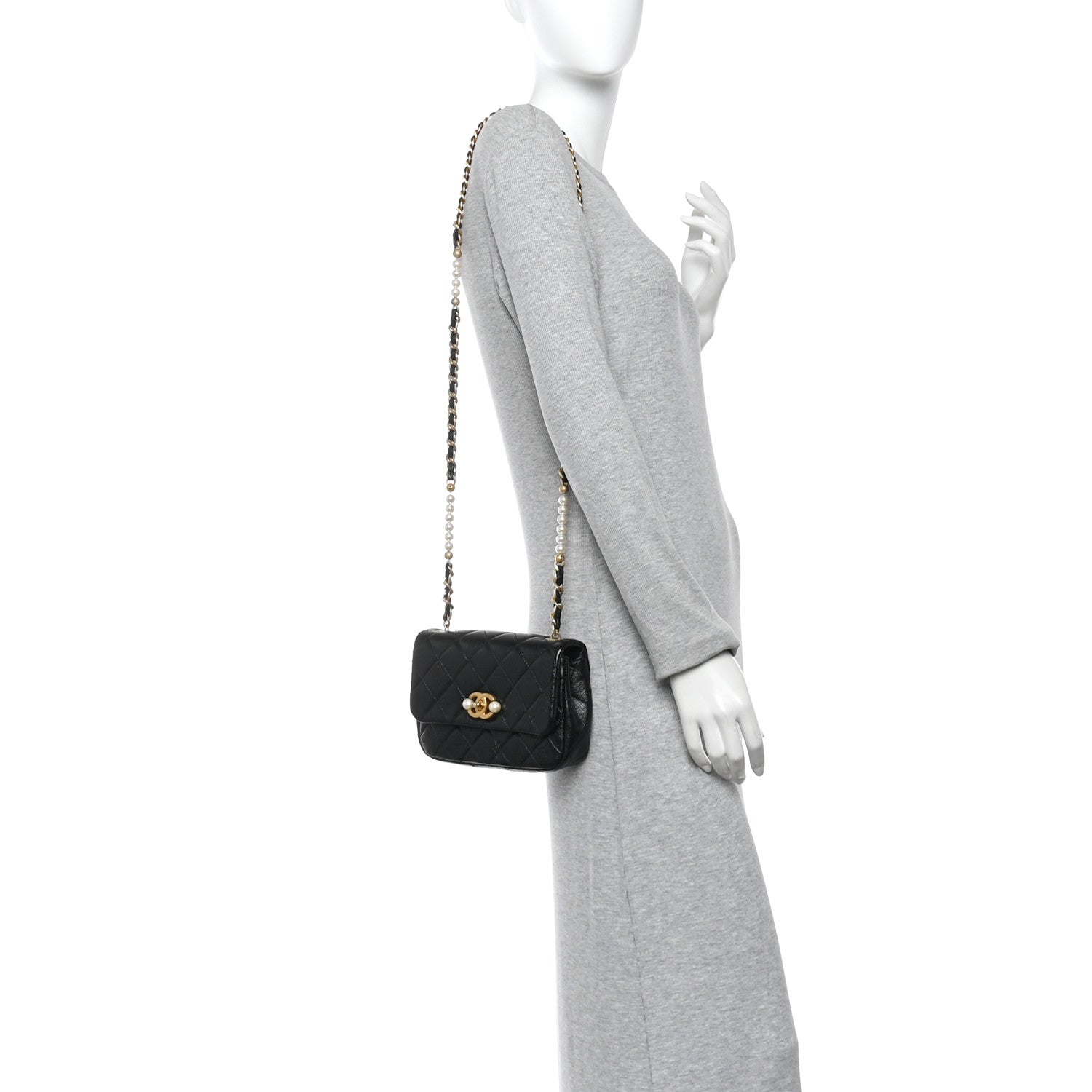 Glazed Calfskin Quilted Mini Pearl Side Flap Black