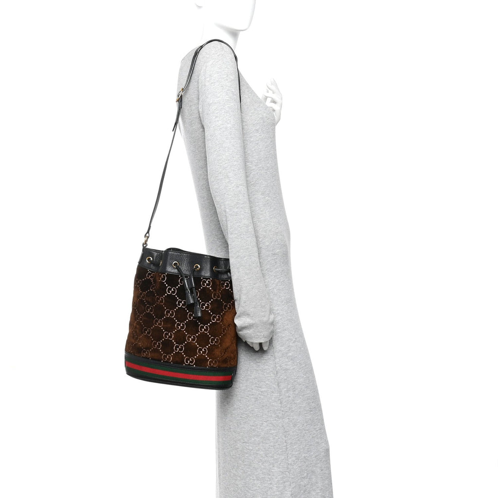 Velvet GG Monogram Textured Calfskin Web Bucket Bag Brown Black