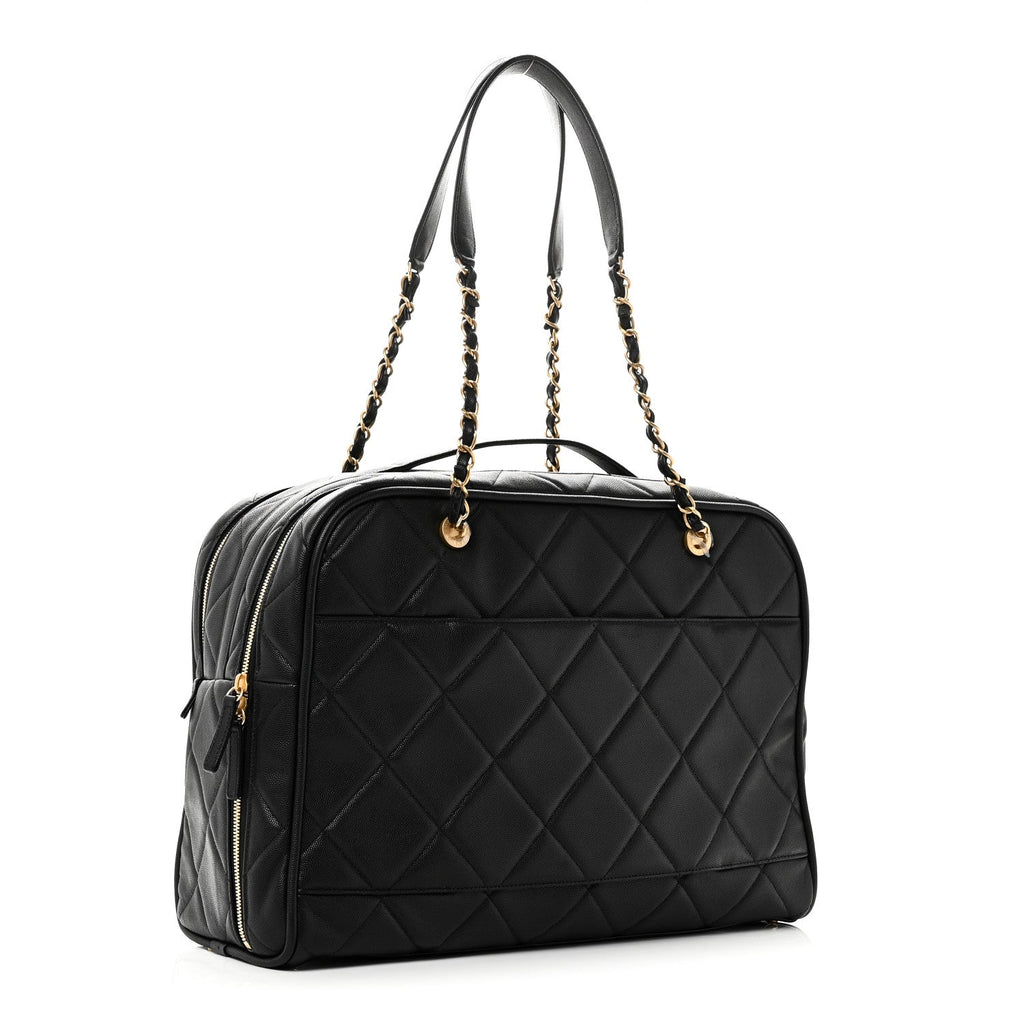 Shiny Grained Calfskin Quilted Travel Bowling Bag Black