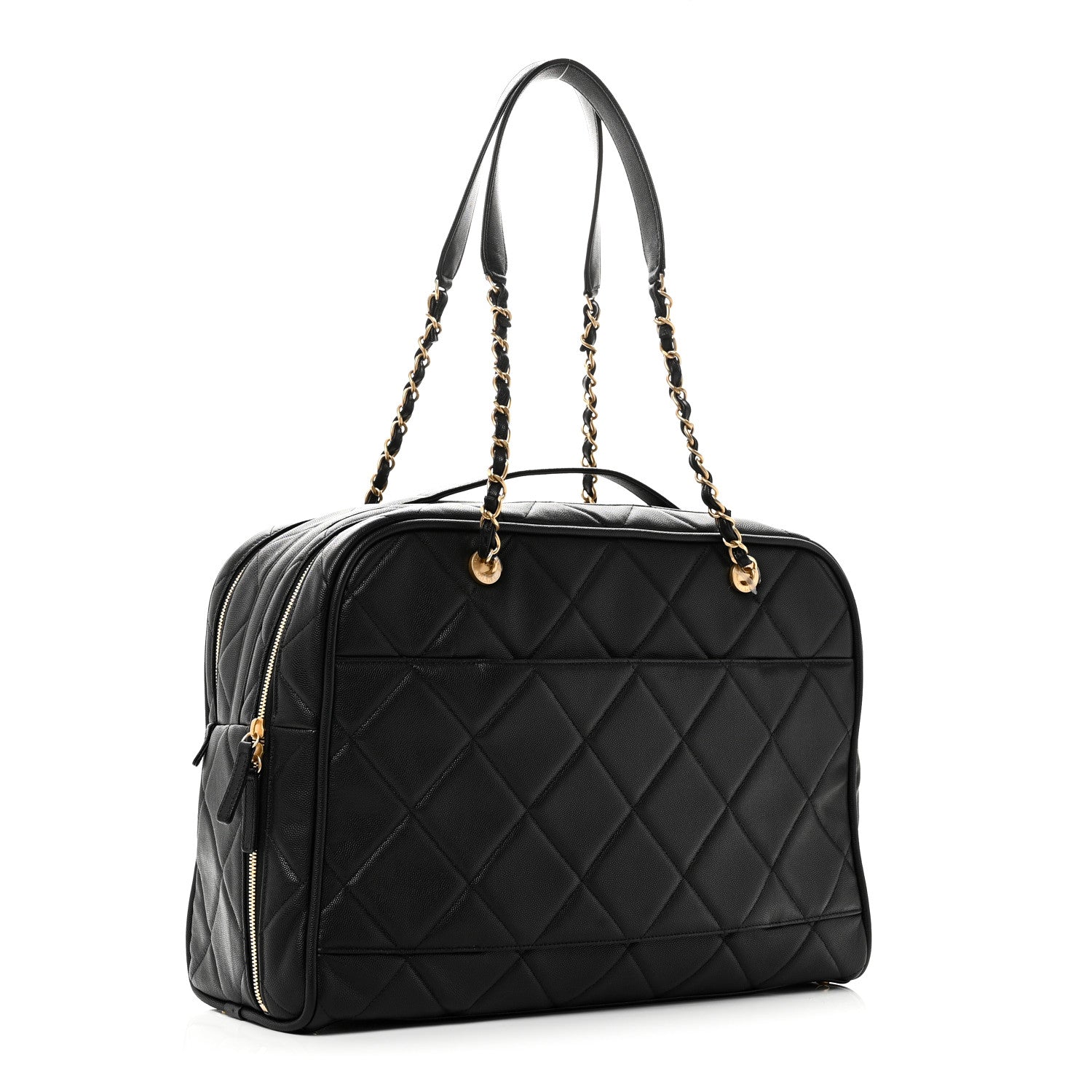 Shiny Grained Calfskin Quilted Travel Bowling Bag Black