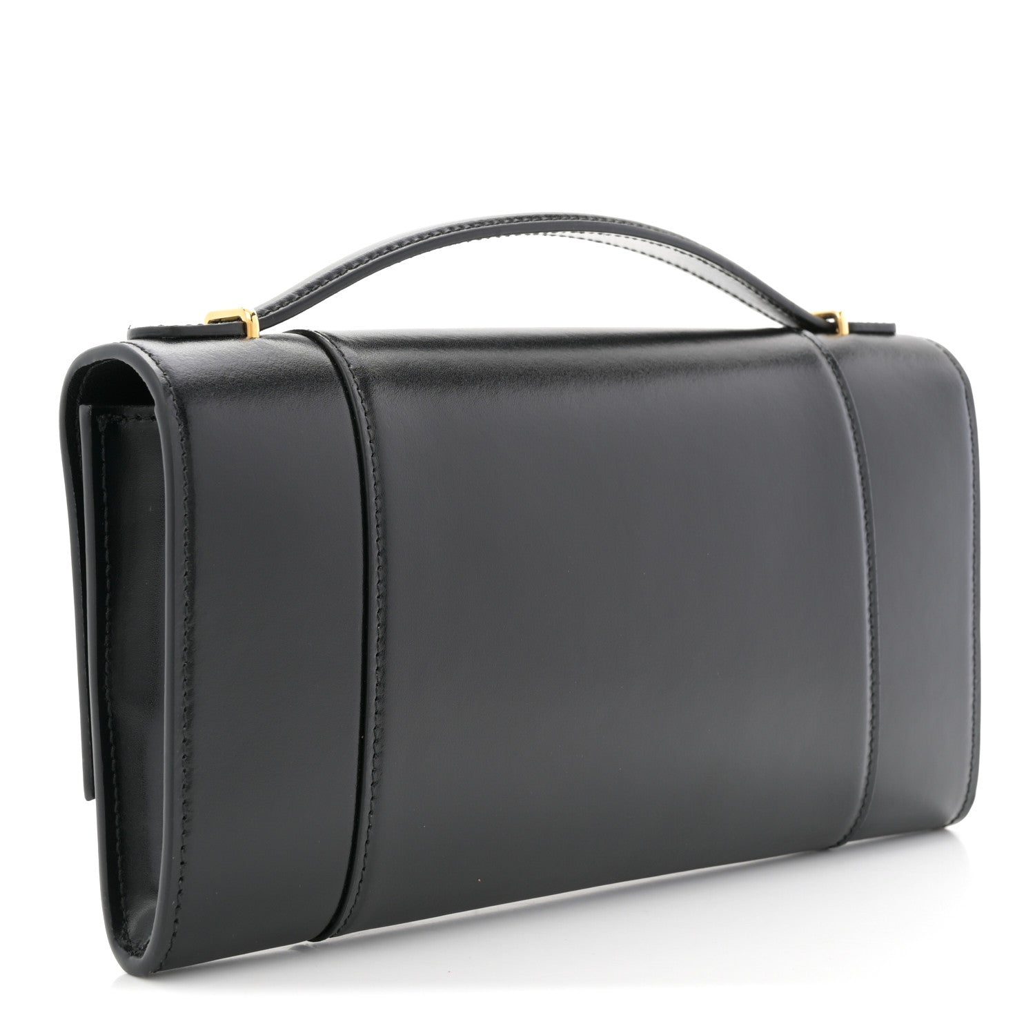 Shiny Calfskin Top Handle Hourglass Clutch Black