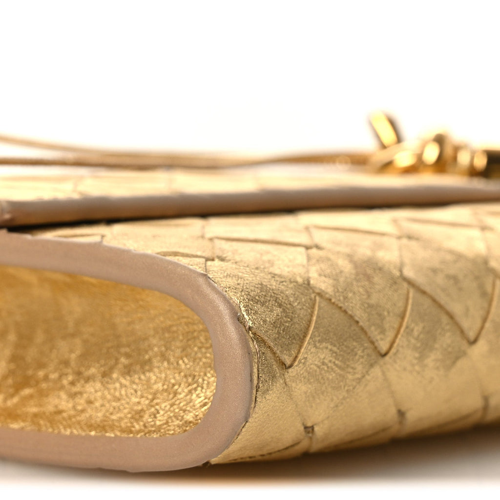 Metallic Satin Lambskin Intrecciato Long Andiamo Top Handle Clutch Gold
