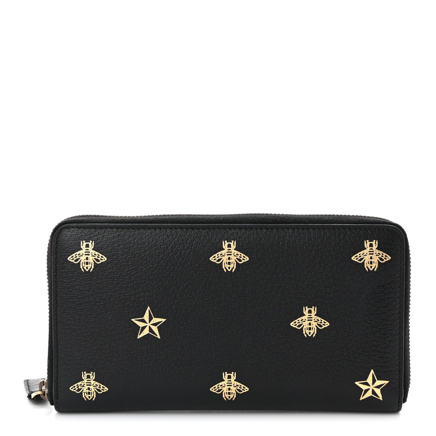 Dollar Calfskin Bee Star Zip Around Wallet Black