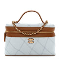 Washed Denim Calfskin Quilted Top Handle Slim Vanity Case With Chain Blue Brown