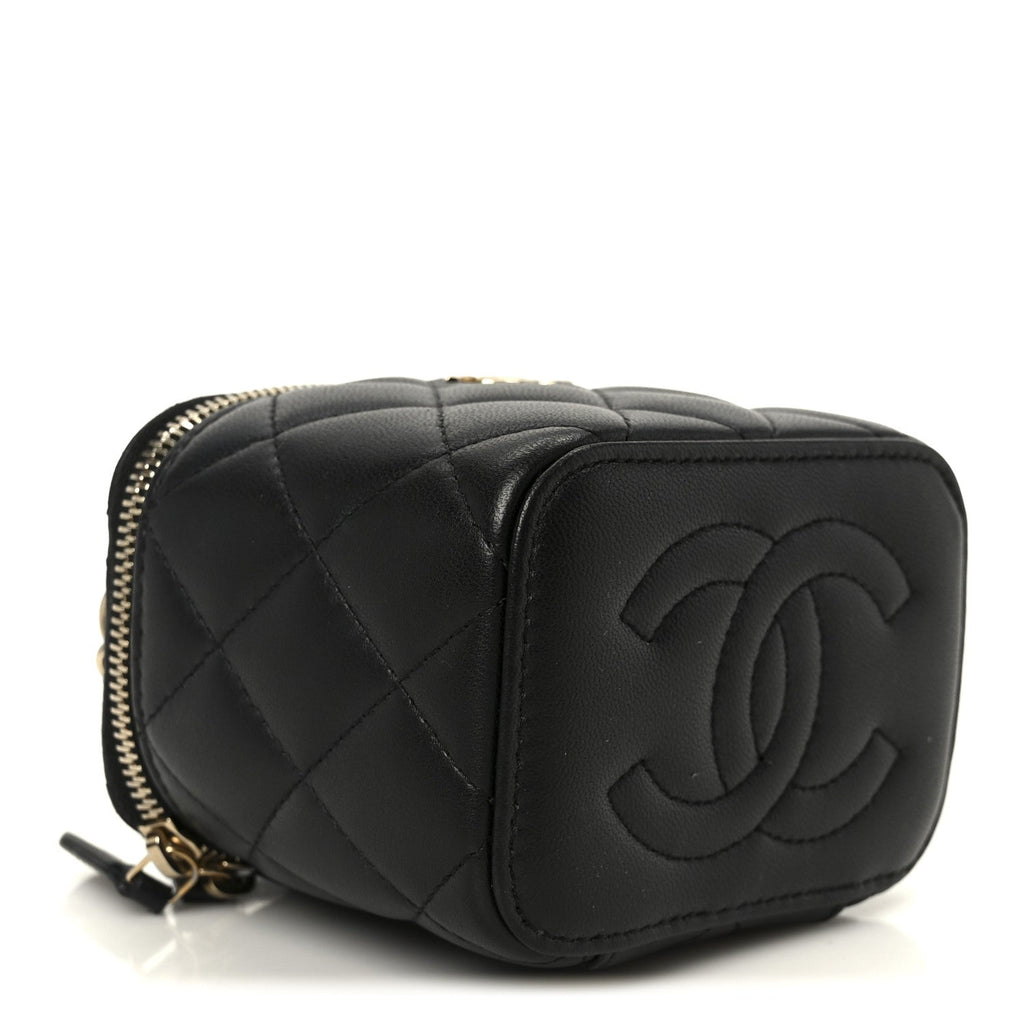 Lambskin Quilted Top Handle Mini Vanity Case With Chain Black