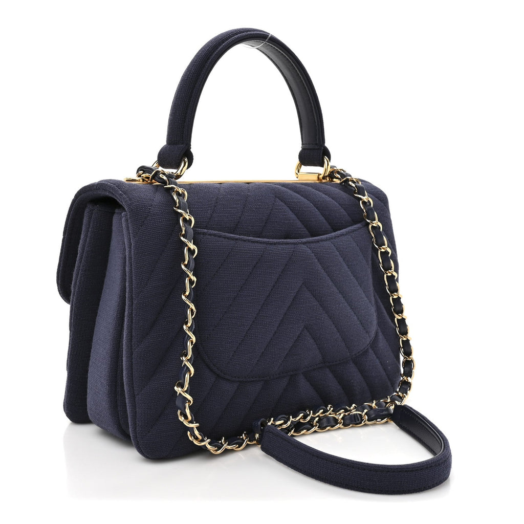 Jersey Chevron Quilted Small Trendy CC Dual Handle Flap Bag Navy Blue