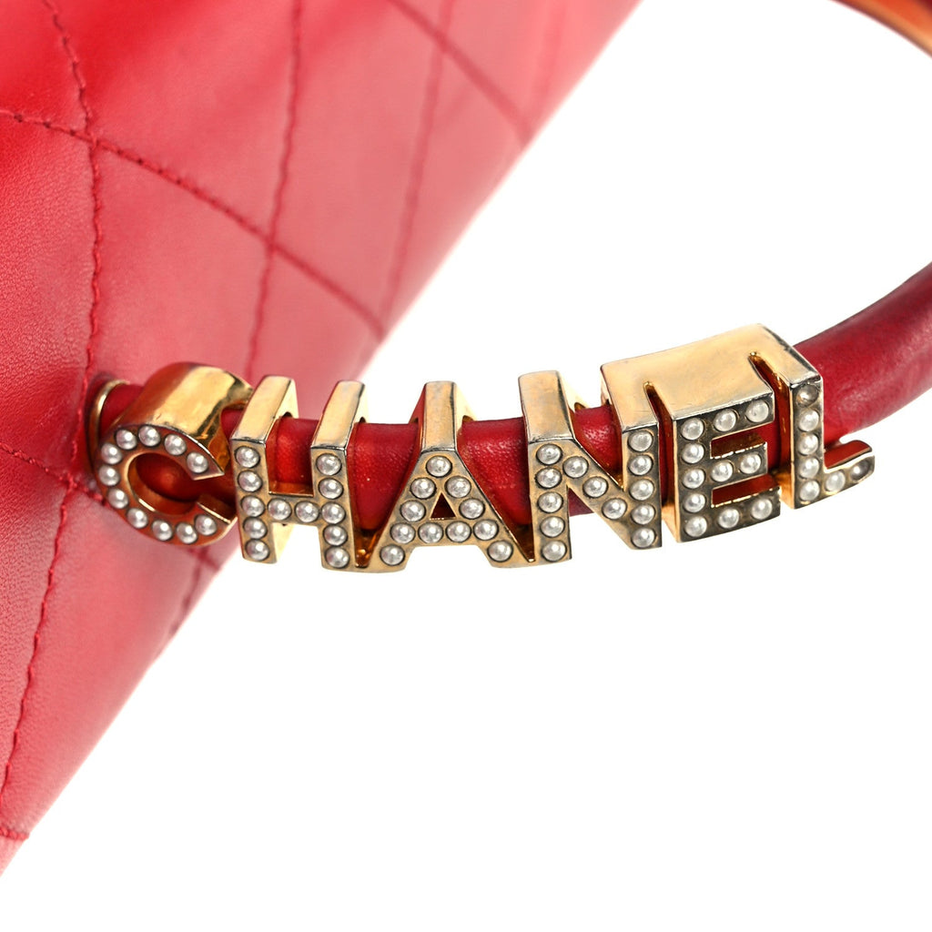 Lambskin Stitched Pearl Logo Top Handle Flap Red