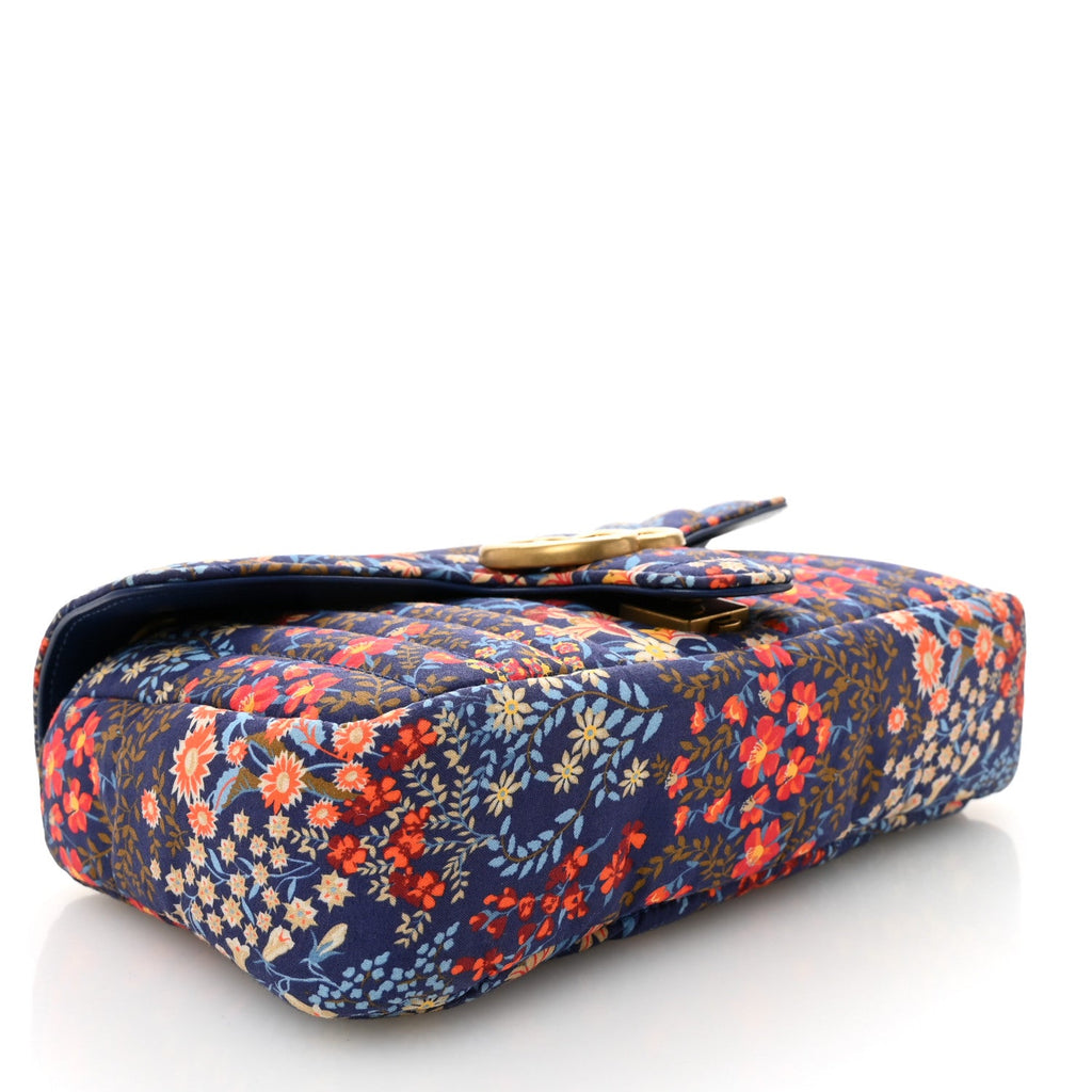 Cotton Calfskin Matelasse Floral Print Small GG Marmont Shoulder Bag Blue Red Deep Ocean Blue