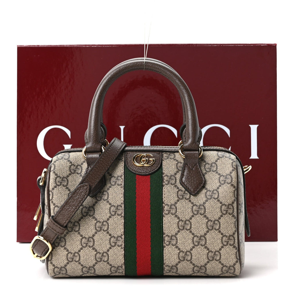 GG Supreme Monogram Textured Dollar Calfskin Web Mini Ophidia Top Handle Bag Beige Ebony New Acero