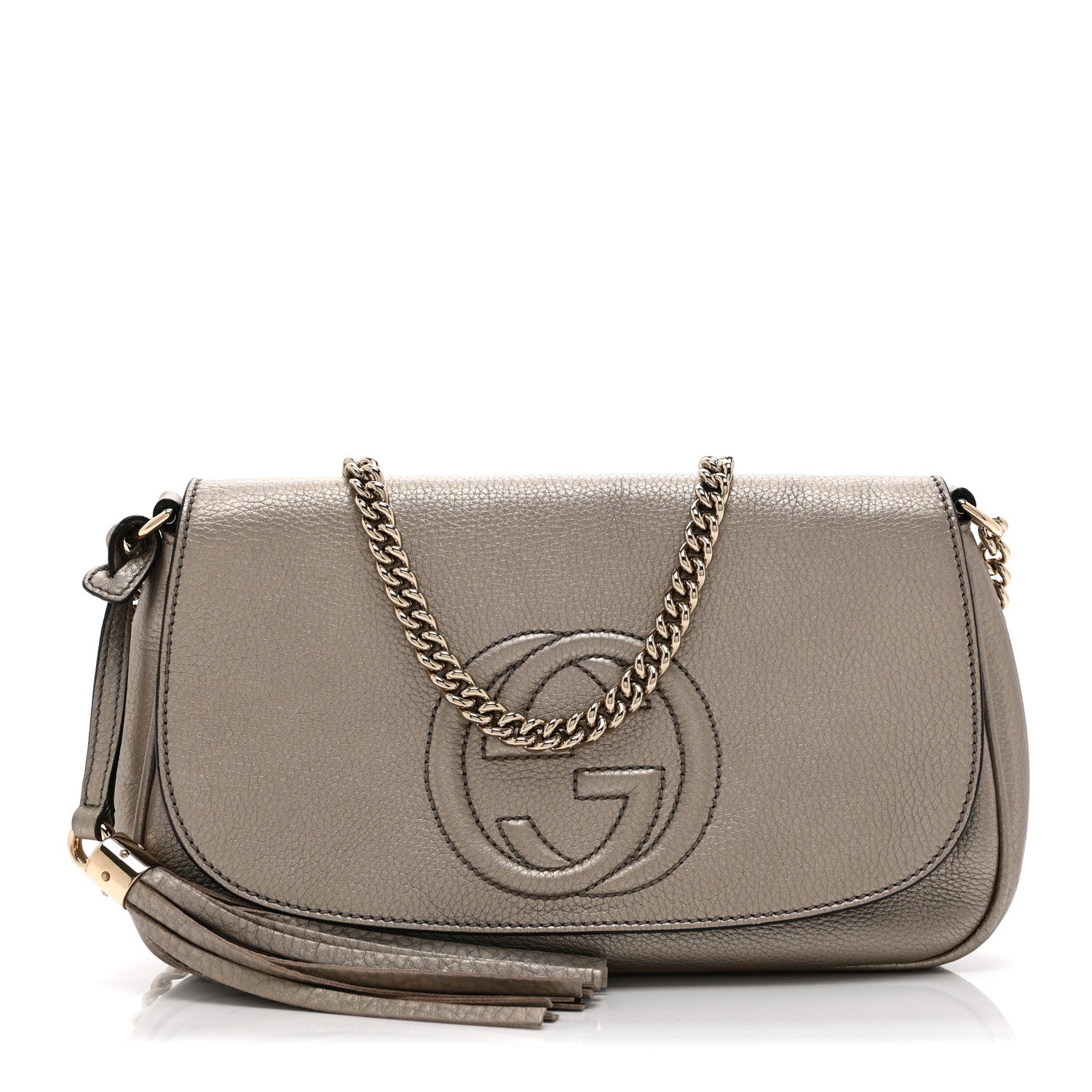 Metallic Pebbled Calfskin Medium Soho Flap Crossbody Golden Beige