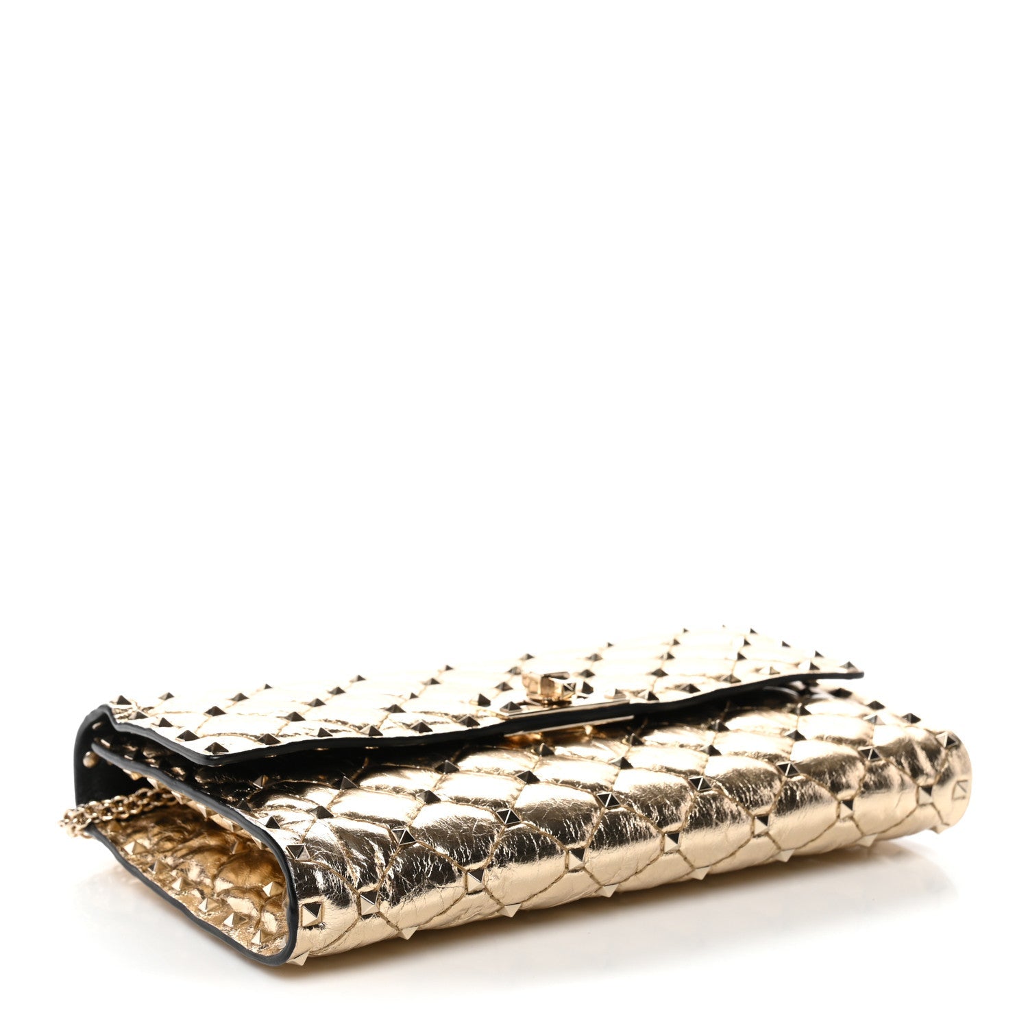 Metallic Wrinkled Lambskin Rockstud Spike Wallet on Chain Mekong