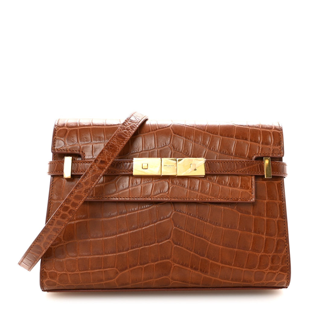 Shiny Calfskin Crocodile Embossed Small Manhattan Baguette Dark Caramel