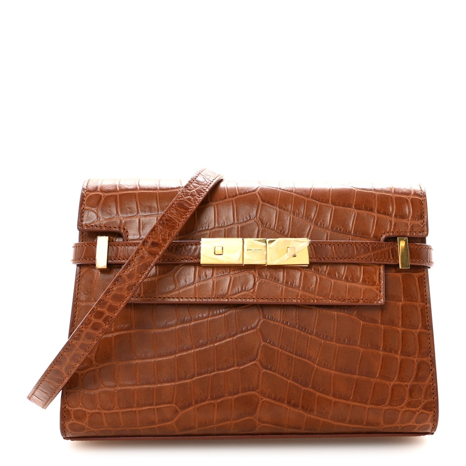Shiny Calfskin Crocodile Embossed Small Manhattan Baguette Dark Caramel