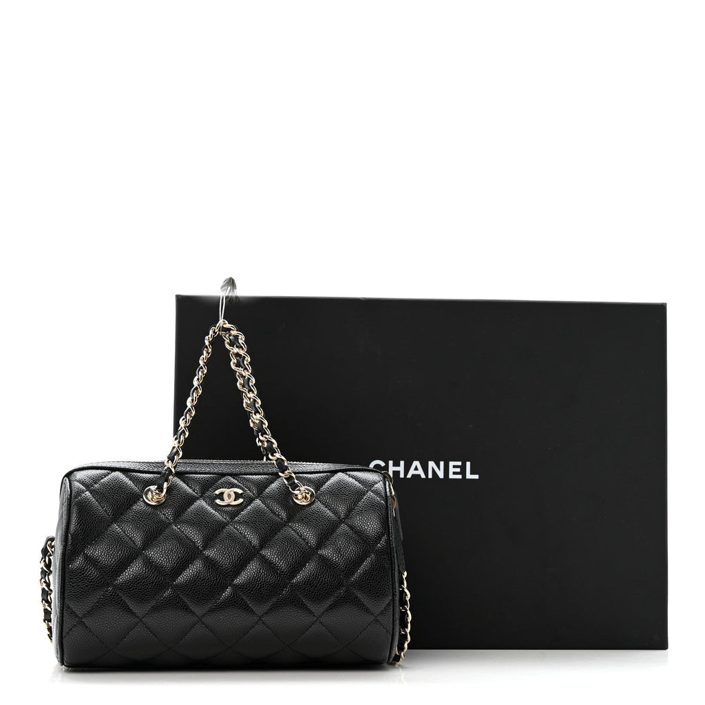 Caviar Quilted Barrel Clutch With Chain  Black