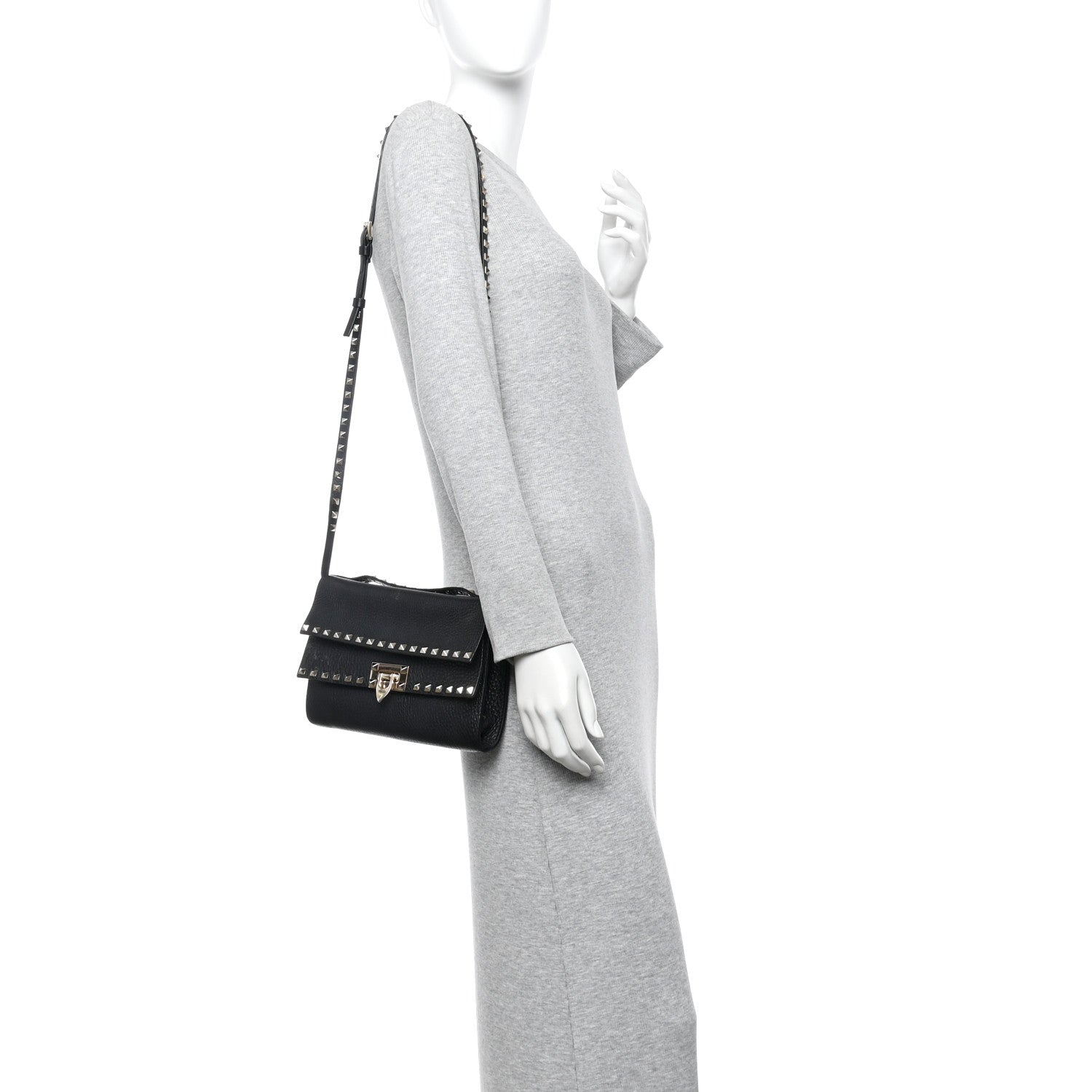 Grainy Calfskin Rockstud Double Flap Crossbody Bag Black