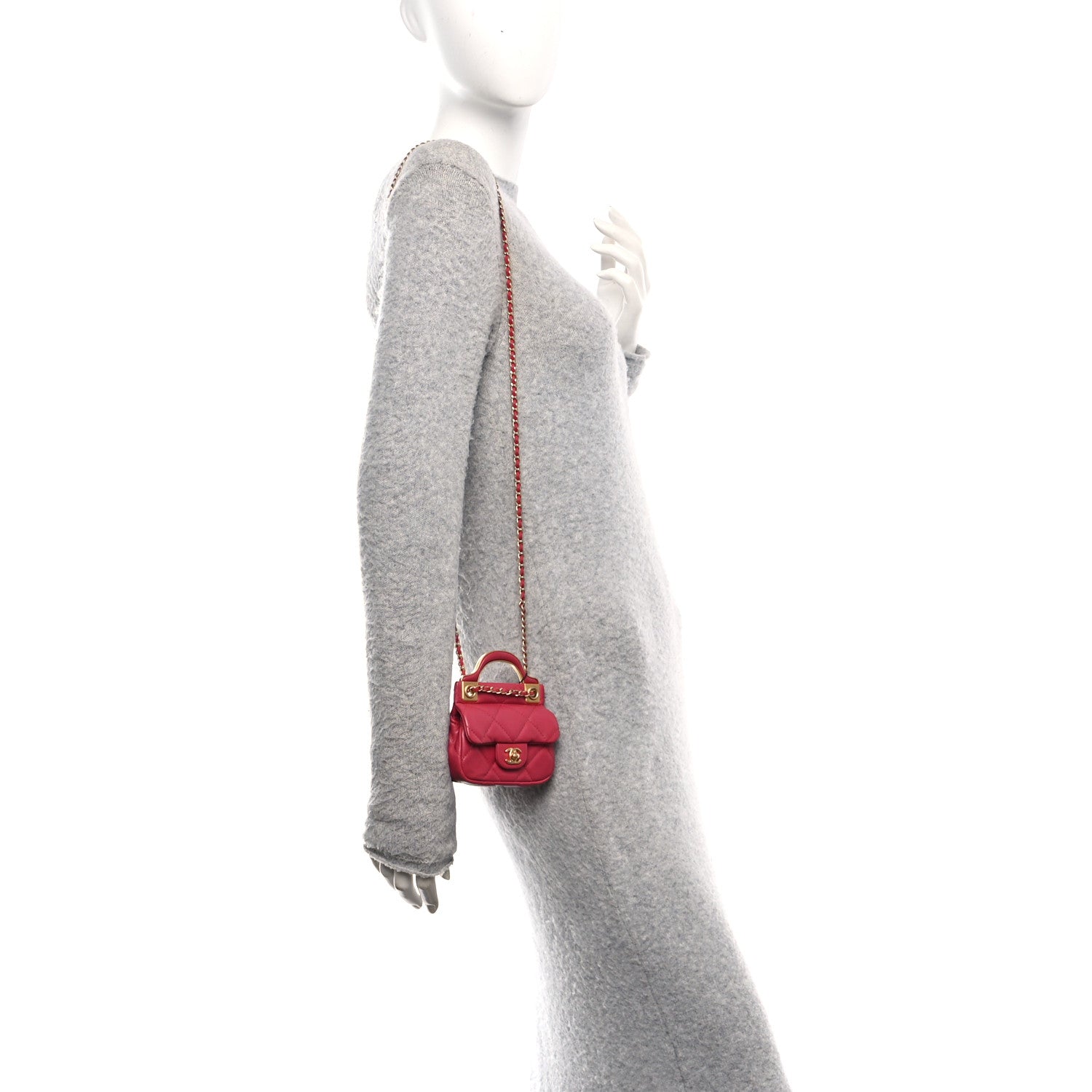Calfskin Quilted Lady Handle Flap  Holder With Chain Dark Pink