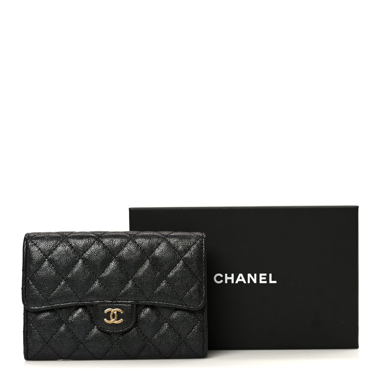 Iridescent Caviar Quilted Medium Flap Wallet Black